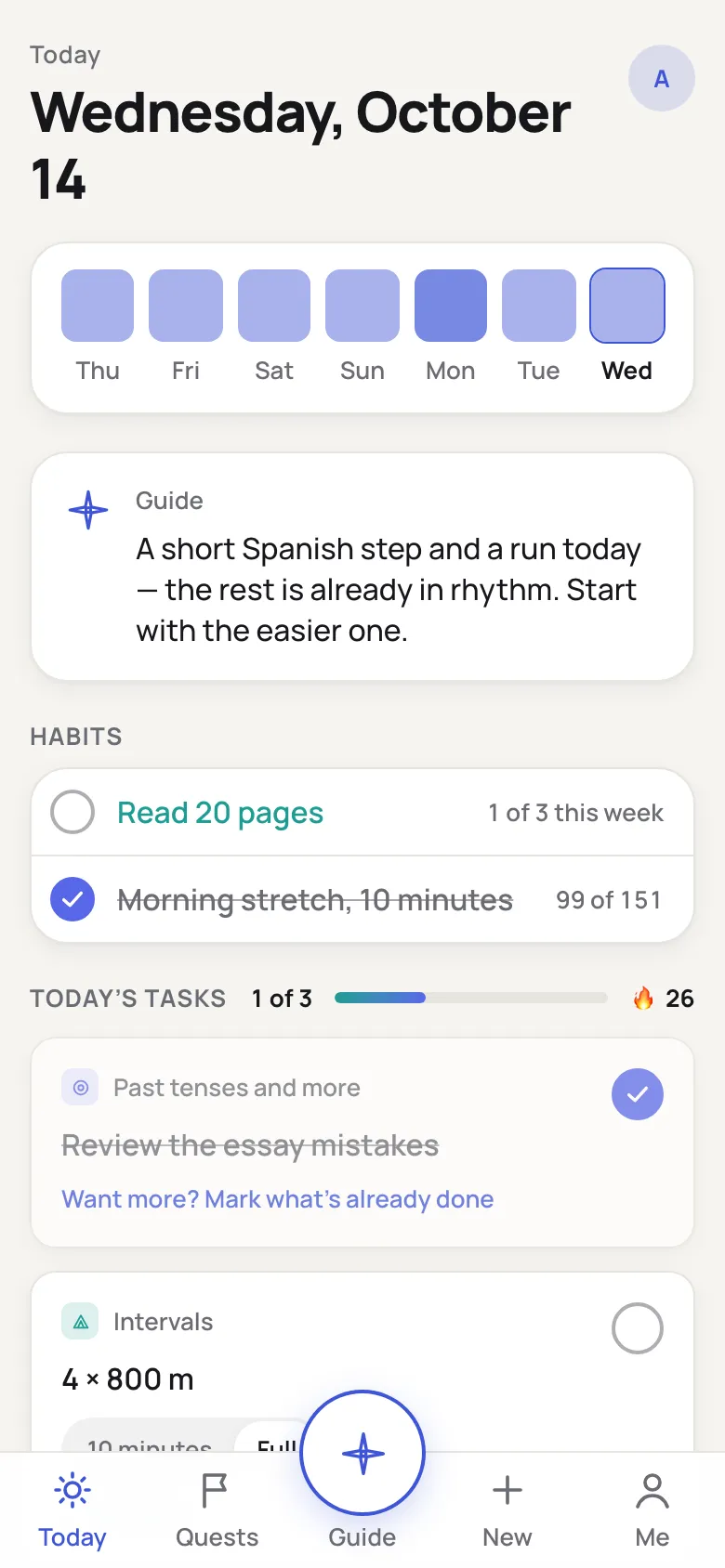 Today screen: the day’s tasks from every goal and the day streak